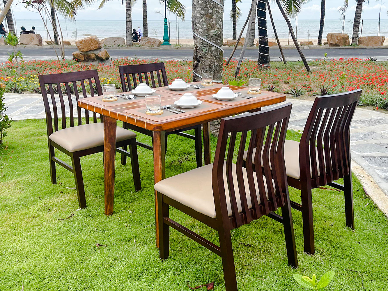 Nautical Table With Inlay Wood Stripes Small