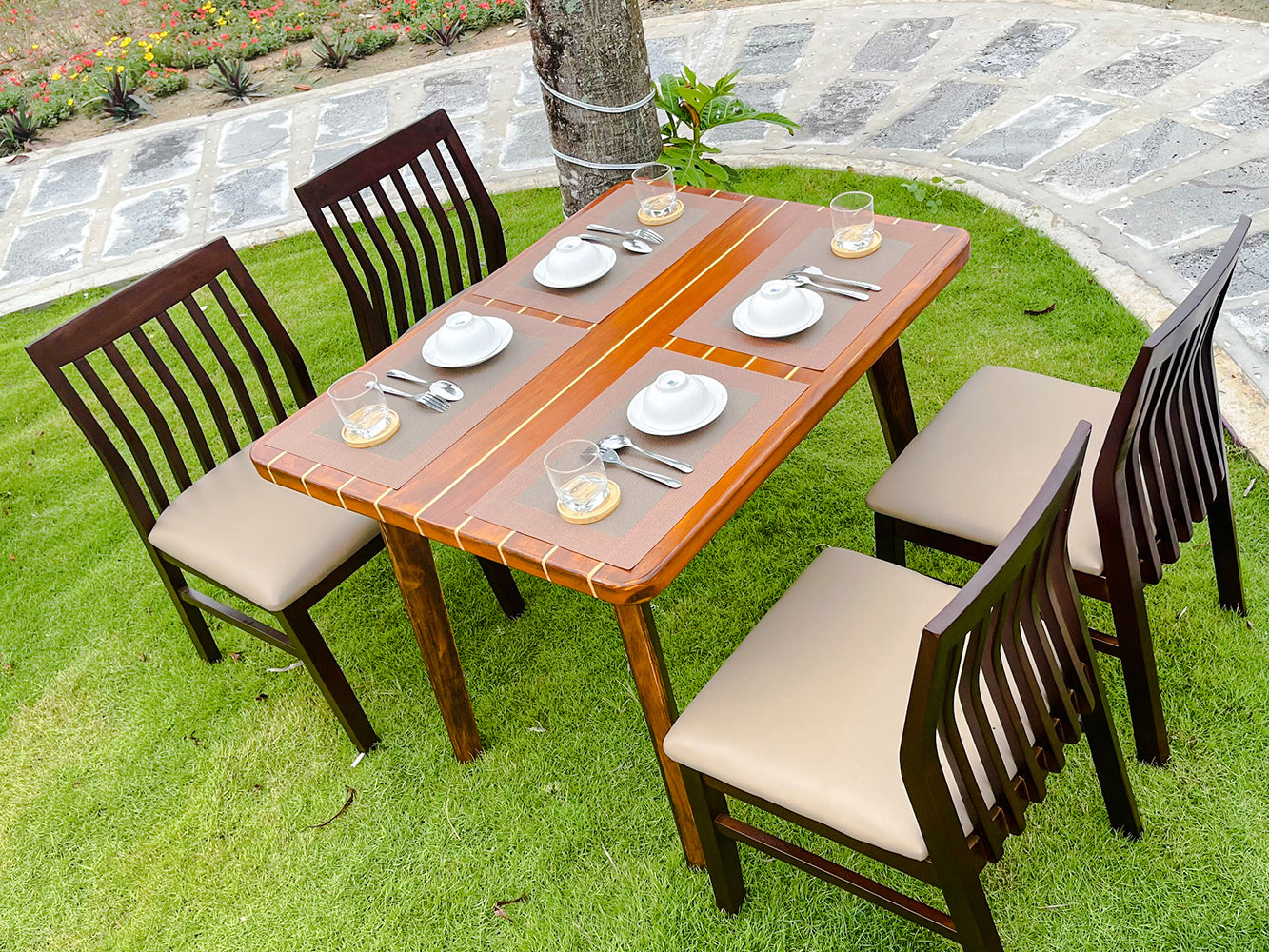 Nautical Table With Inlay Wood Stripes Small