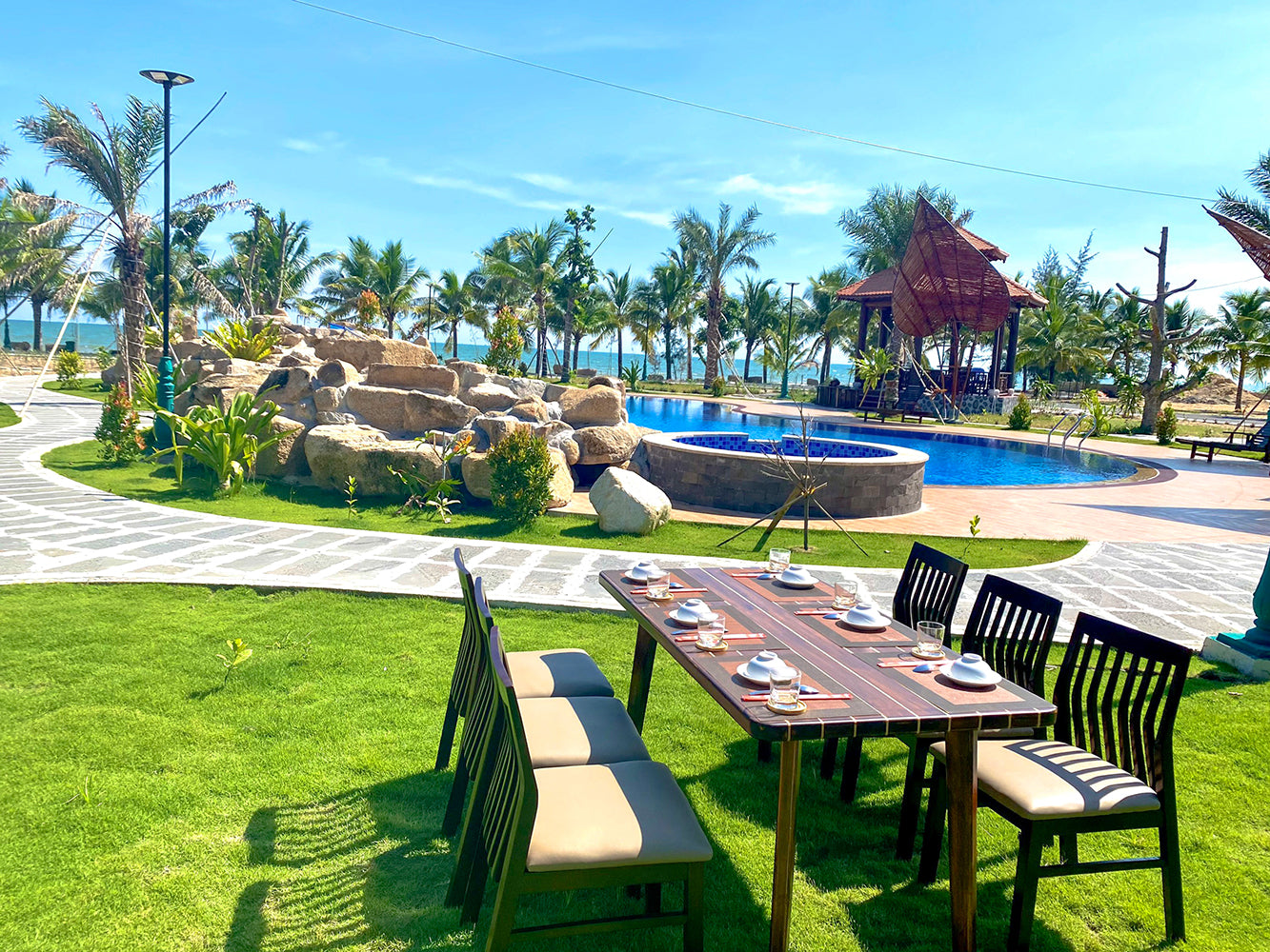 Nautical Table With Inlay Wood Stripes Medium