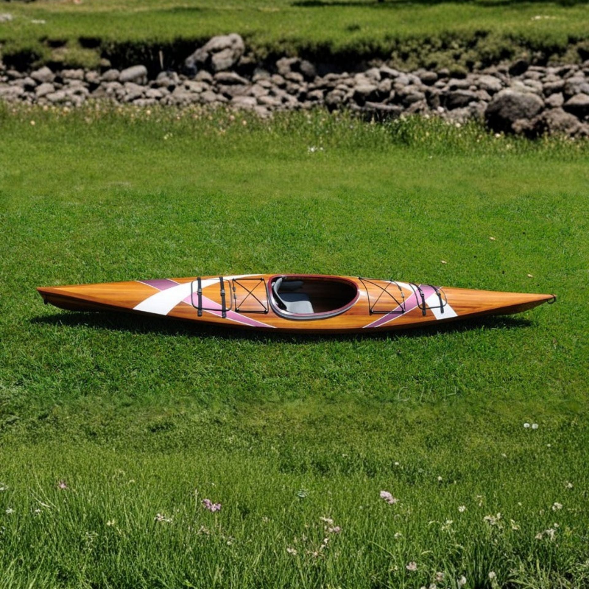 Wooden Kayak with White & Purple Ribbon 15 ft – Woodenboatusa